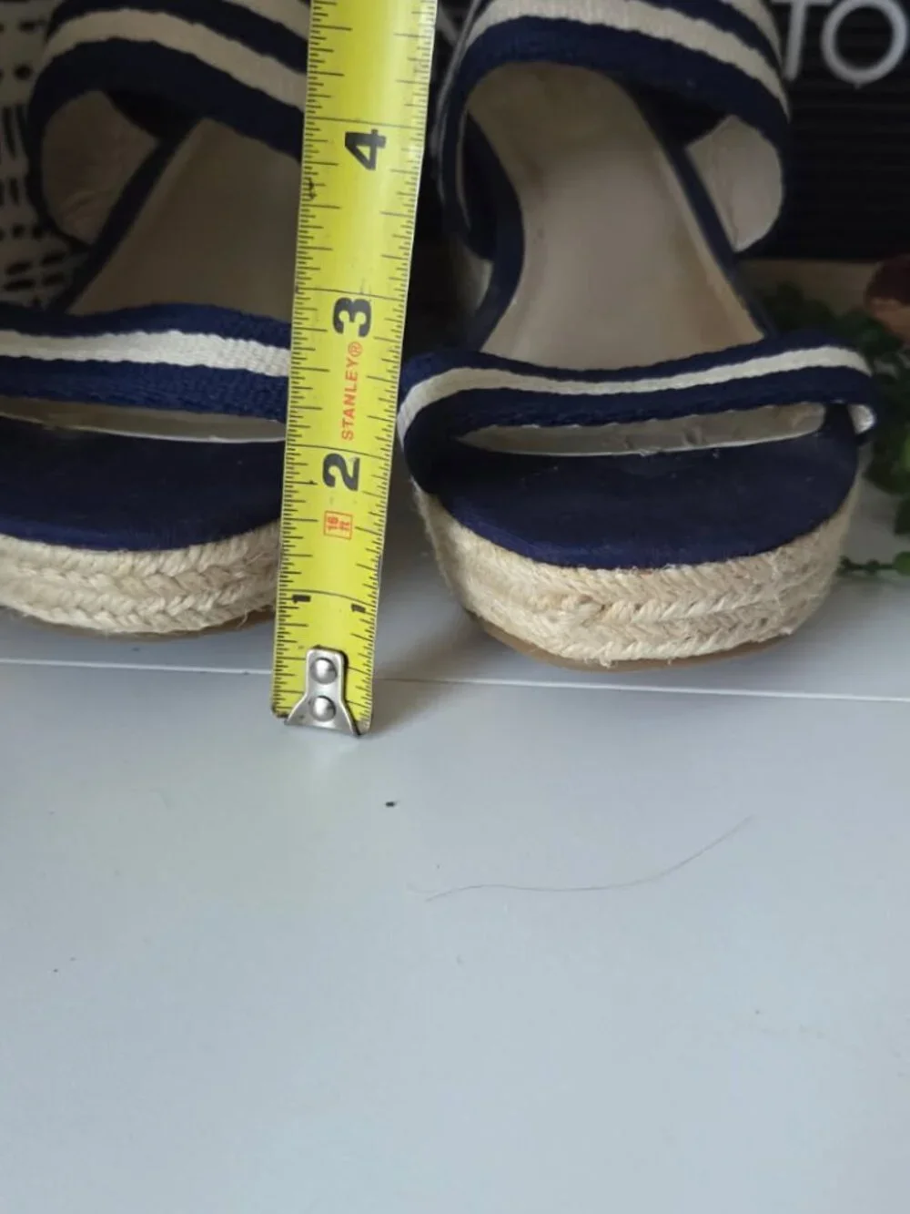Lands End Navy/White Espadrille Slide Jute 2 Strap Wedge Sandal SZ 8